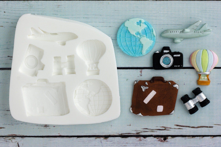 World Travel, Suitcase, Camera, Binoculars, Plane Silicone Mould - Ellam Sugarcraft Moulds For Fondant Or Chocolate