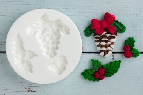 Christmas Fircone  Holly Silicone cupcake cake craft Mould - Ellam Sugarcraft Moulds For Fondant Or Chocolate clay or resin