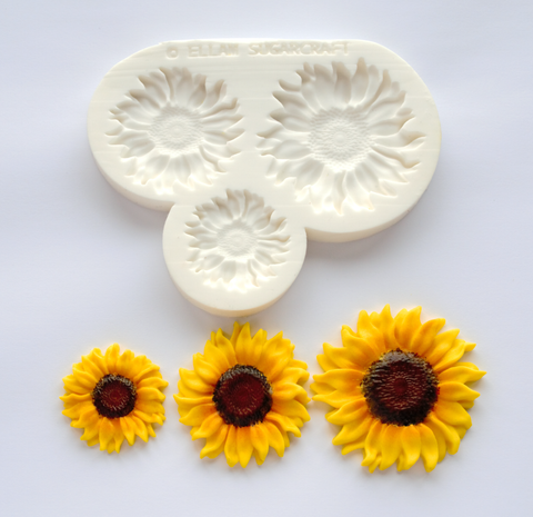 3 cavity sunflower silicone food safe craft mould, for cupcakes, fondant sugar paste, clay, wax, freeze fuse glass.   