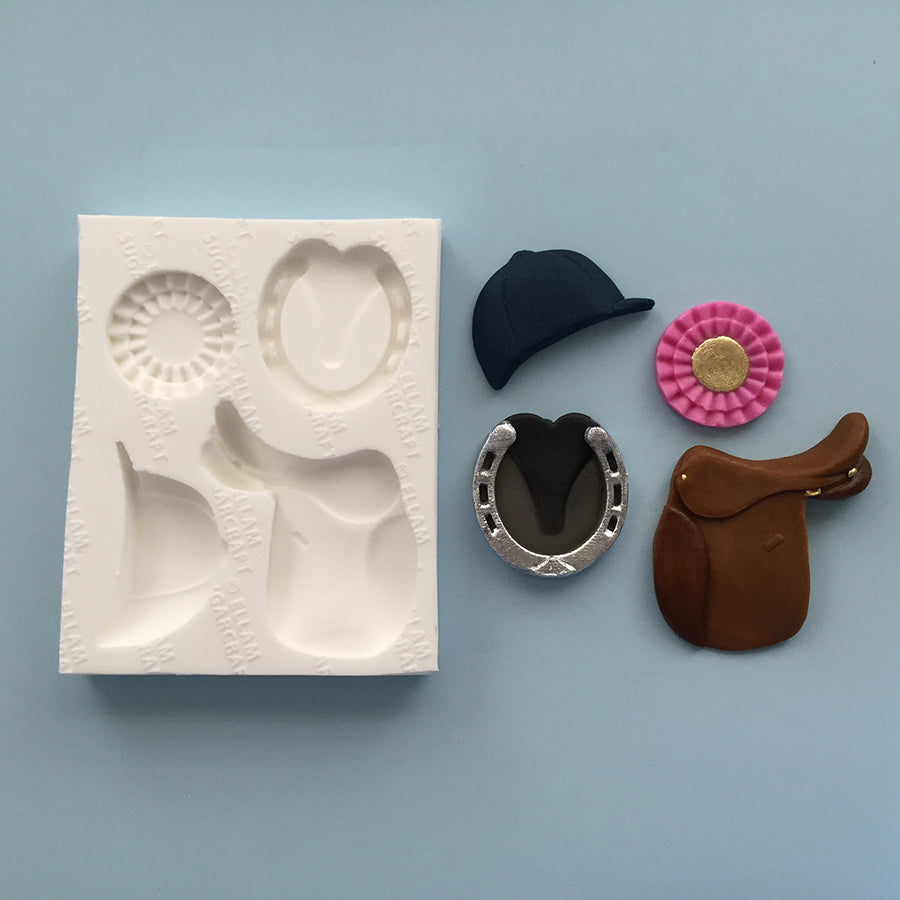 Riding themed silicone mould 4 cavity, saddle, rosette, riding hat, horseshoe, food safe cake craft mould,