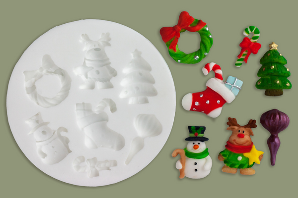 Christmas tree wreath reindeer snowman stocking  Silicone cupcake craft Mould - Ellam Sugarcraft Moulds 