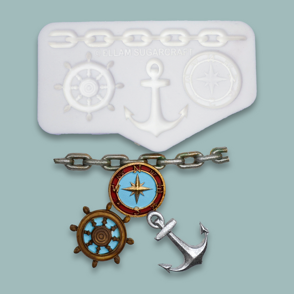 Nautical Chain, anchor, compass and ship's wheel silicone craft mould designe by Ellam sugarcraft