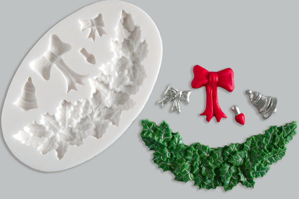 Christmas Swag Holly & Bows Garland Silicone cupcake cake craft Mould - Ellam Sugarcraft Moulds 