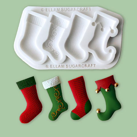 4 cavity Christmas stocking food safe silicone mould designed by Ellam Sugarcraft