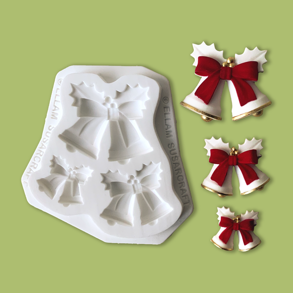 Christmas bells silicone mould, 3 cavity graduated sizes, food safe, designed by Ellam Sugarcraft