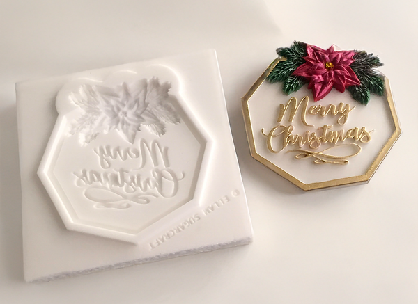 Merry Christmas poinsettia plaque silicone mould cupcake topper, by Ellam Sugarcraft moulds