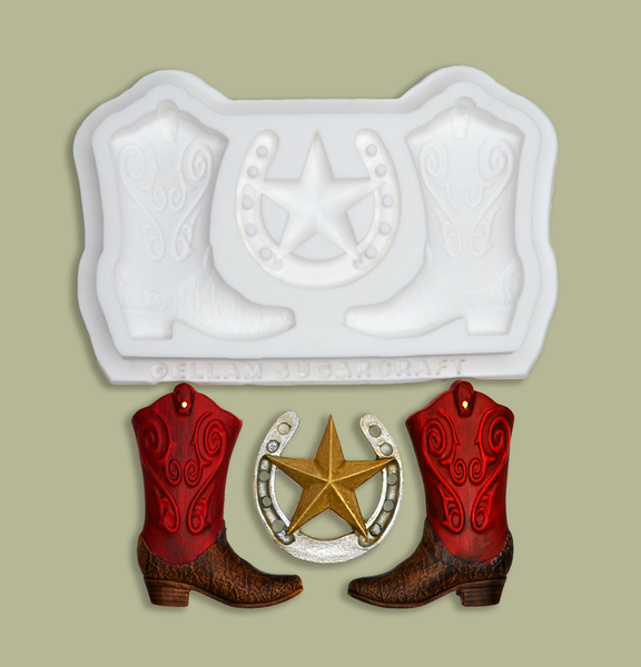Country & western themed food safe silicone craft  mould, cowboy boots, horseshoe with star, by Ellam sugarcraft