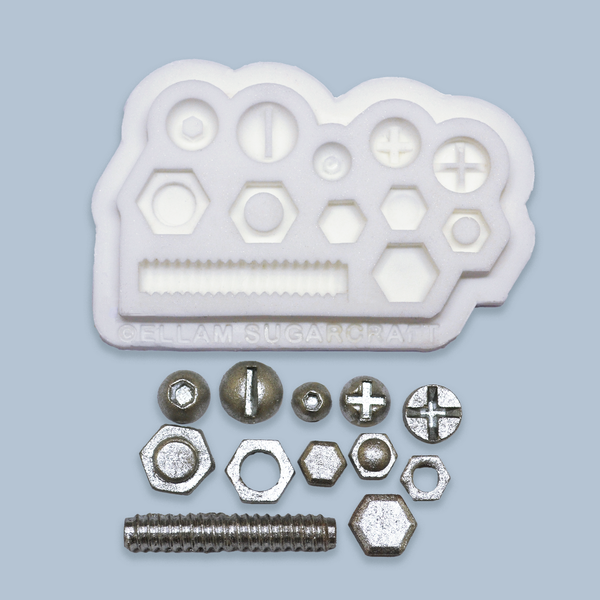 White food safe nuts and bolts silicone mould 12 cavity for fondant, sugar paste resin polymer clay 