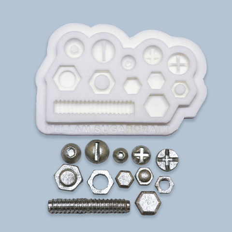 White food safe nuts and bolts silicone mould 12 cavity for fondant, sugar paste resin polymer clay 