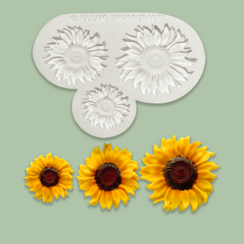 3 cavity sunflower silicone food safe craft mould, for cupcakes, fondant sugar paste, clay, 