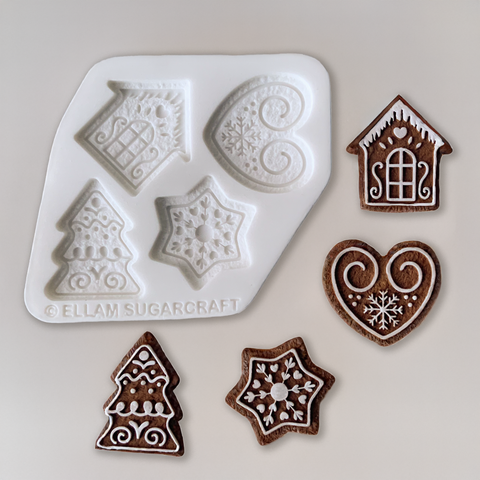 4 cavity Christmas gingerbread silicone mould, detailed iced gingerbread for cake garland, cupcake toppers, fondant, sugar paste, resin, polymer clay