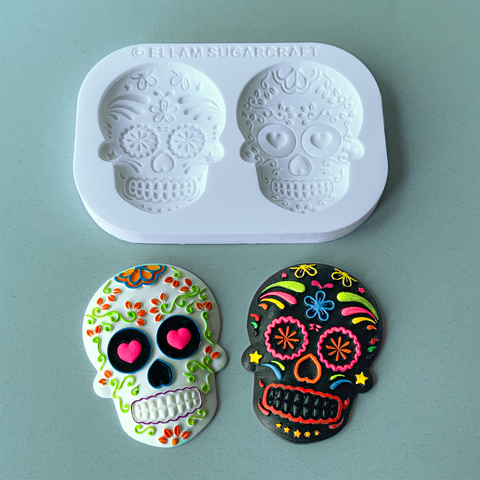 Sugar Skulls food safe silicone craft mould two cavity white mould, for cakes, cupcakes, polymer clay, etc