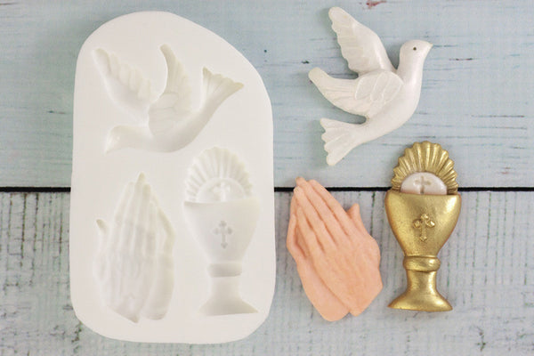 First Holy Communion mould- Chalice, Dove & Praying Hands Silicone Mould - Ellam Sugarcraft cupcake craft Moulds For Fondant Or Chocolate