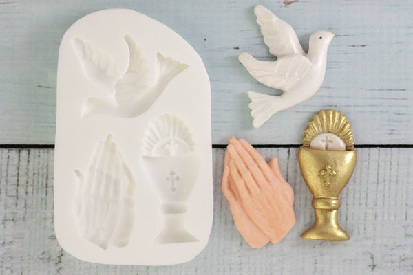 First Holy Communion mould- Chalice, Dove & Praying Hands Silicone Mould - Ellam Sugarcraft cupcake craft Moulds For Fondant Or Chocolate