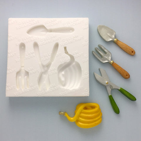 Garden tools, trowel,fork, shears and hose, silicone mould for fondant, chocolate, polymer clay