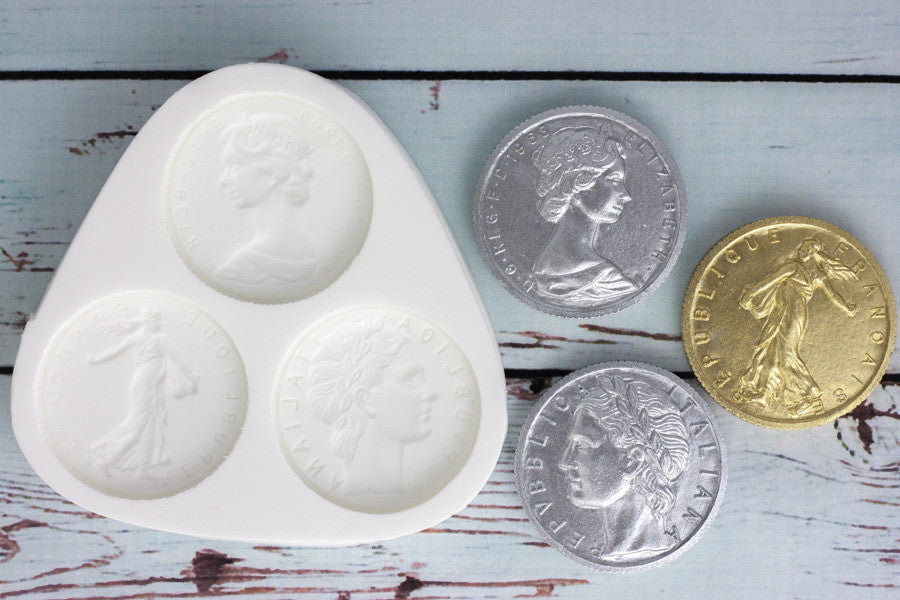Pirate Treasure Coins mould - coins mold - Franc, Lira & Sterling Silicone craft Mould - Ellam Sugarcraft Moulds For Fondant Or Chocolate
