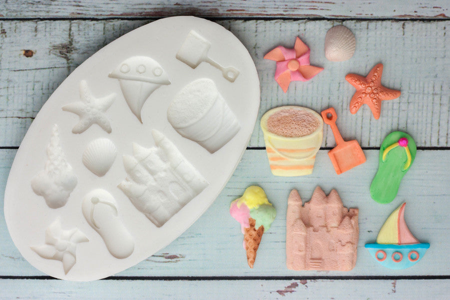 Seaside Beach Themed Silicone Mould - sand castle mold - beach party - Ellam Sugarcraft cupcake cake craft Moulds For Fondant Or Chocolate