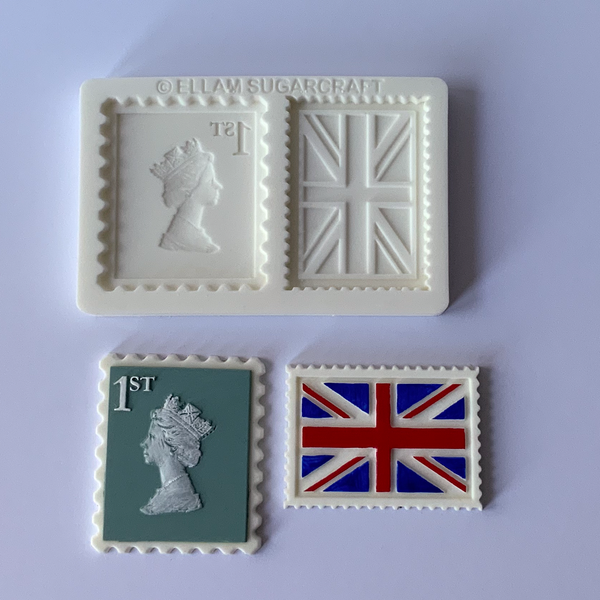 White 2 cavity postage stamp silicone mould, queen Elizabeth  Union Jack stamp for cakes, cupcake, Craft