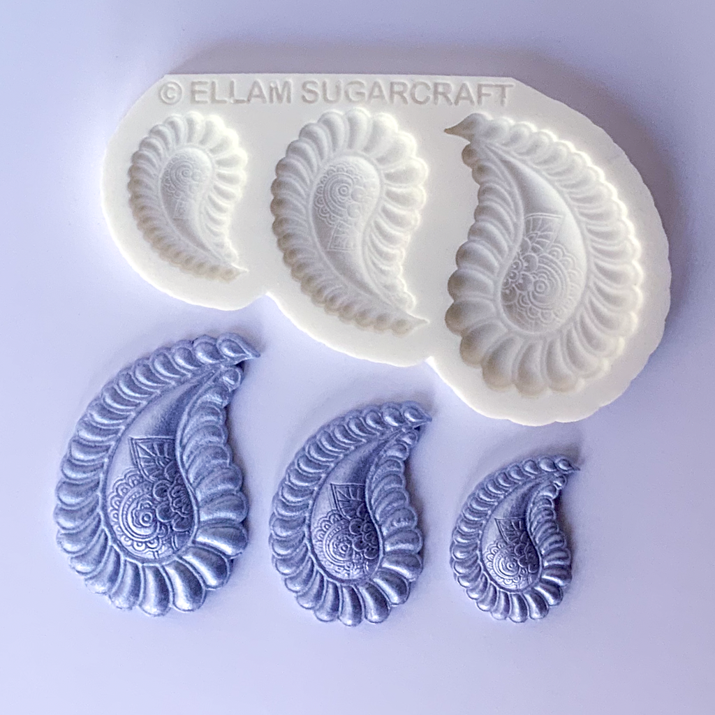 3 cavity decorative paisley motif silicone craft mould, food safe, fondant, clay, wax, freeze fuse glass, resin,