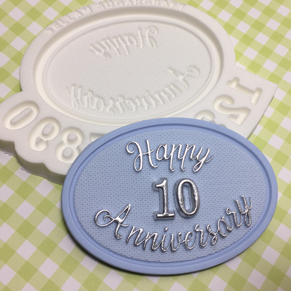 Happy Anniversary cake top plaque mould, with numbers to personalise. food safe craft mould, 85mm x 60mm