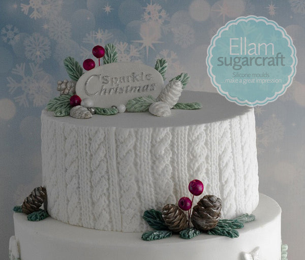 Cable Knit,  rustic Knitted Christmas winter white wedding cake with pinecones - Ellam Sugarcraft Moulds For Fondant Or Chocolate