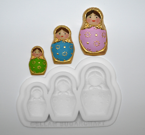 3 cavity Russian dolls silicone sugarcraft mould, for cupcake, fondant, wax, white.