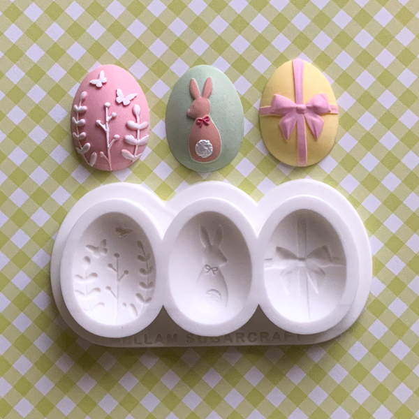 3 cavity easter egg silicone 40mm x 30mm food safe craft mould for fondant sugarpaste chocolate resin clay plaster, cake cupcake