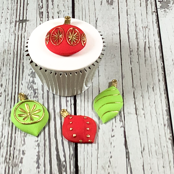 Christmas baubles cupcake, 4 decorative green, red & gold baubles from Ellam sugarcraft baubles mould