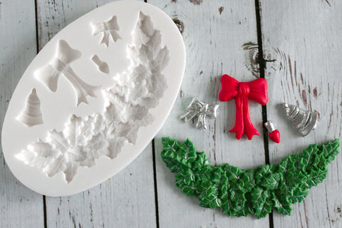 Christmas Swag Holly & Bows Garland Silicone cupcake cake craft Mould - Ellam Sugarcraft Moulds For Fondant Or Chocolate