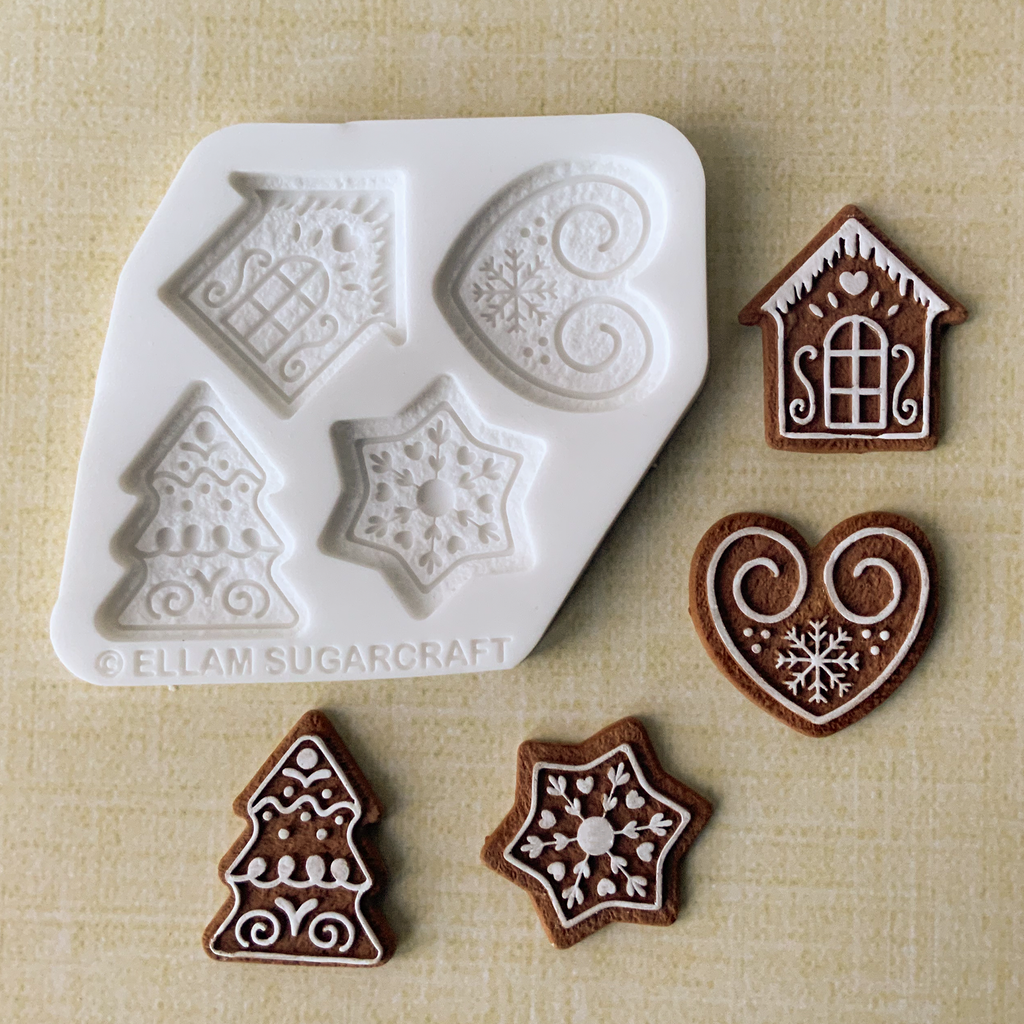 4 cavity Christmas gingerbread silicone mould, detailed iced gingerbread for cake garland, cupcake toppers, fondant, sugar paste, resin, polymer clay