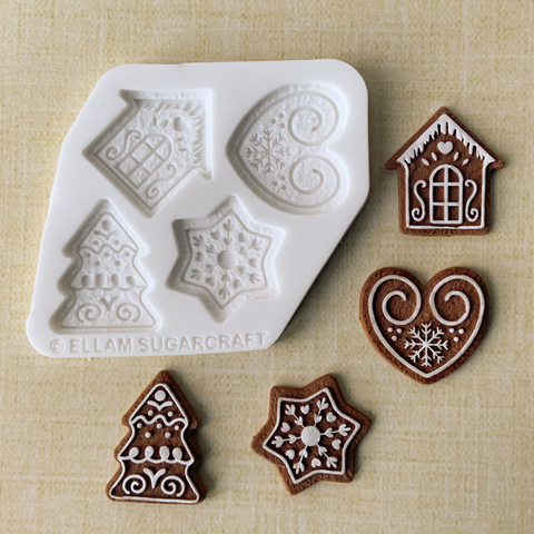 4 cavity Christmas gingerbread silicone mould, detailed iced gingerbread for cake garland, cupcake toppers, fondant, sugar paste, resin, polymer clay