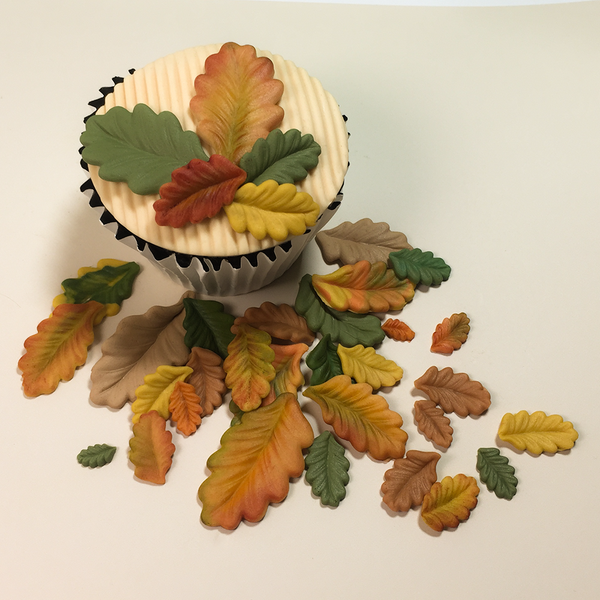 Autumn cupcake with oak leaves in autumn colours