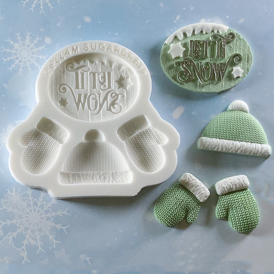 Knitted hat and mittens, let it snow plaque  food safe  silicone  craft mould, sugarpaste, fondant, resin, clay 