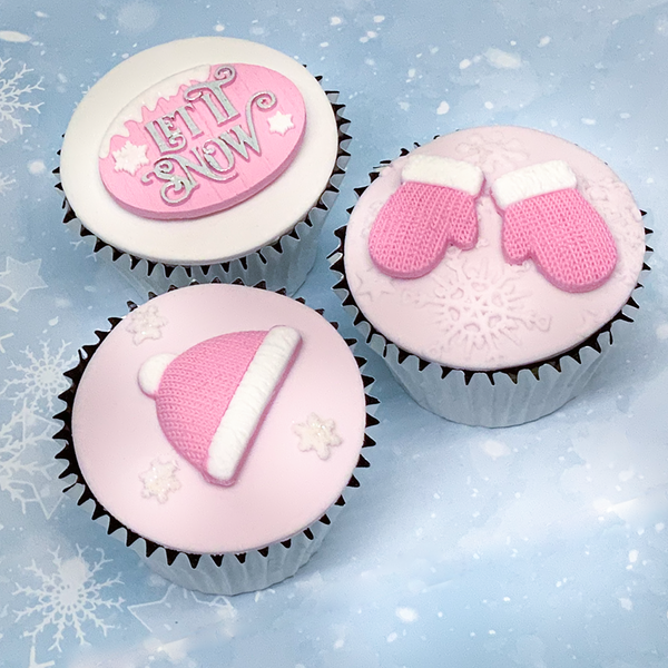 3 Christmas cupcakes with Knitted hat and mittens, let it snow plaque  from Ellam Sugarcraft food safe  silicone  craft mould, sugarpaste, fondant, resin, clay 