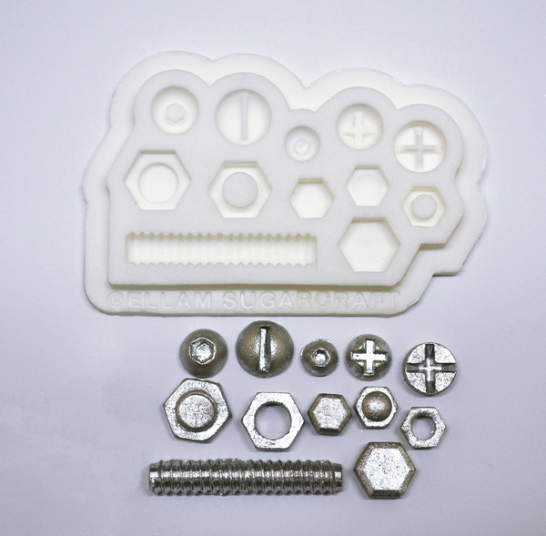 White food safe nuts and bolts silicone mould 12 cavity for fondant, sugar paste resin polymer clay 