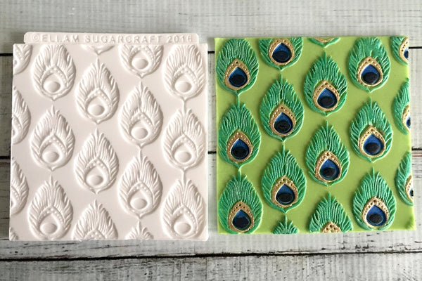 peacock feather cupcake embossing mat - peacock cake fondant - Ellam Sugarcraft silicone mould 