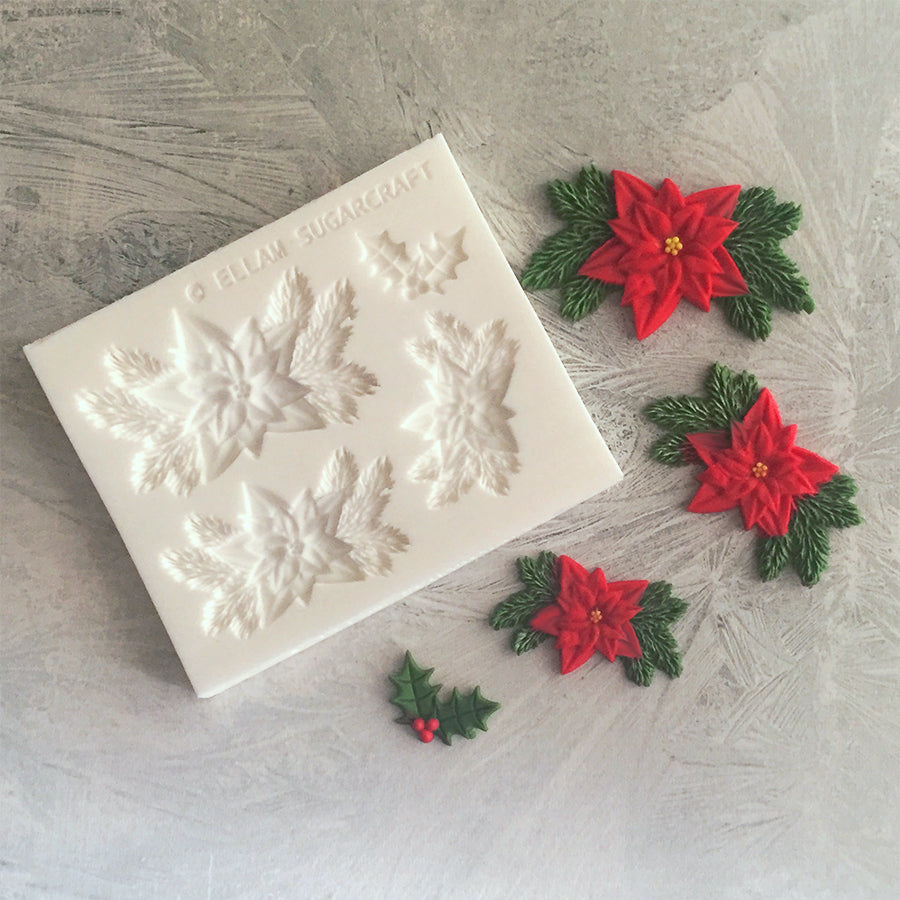 3 Christmas poinsettia and pine applique craft mould.