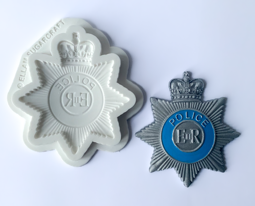 Police Helmet style badge silicone mould, white craft mould, for cake, clay, food safe 3.5" x 3" 