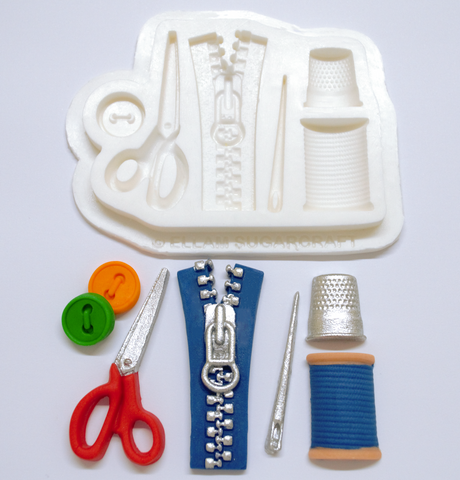 Sewing themed white silicone mould, zip, scissors, thimble, thread, food use, for cupcakes, cake, fondant, clay, wax, freeze fuse glass, craft